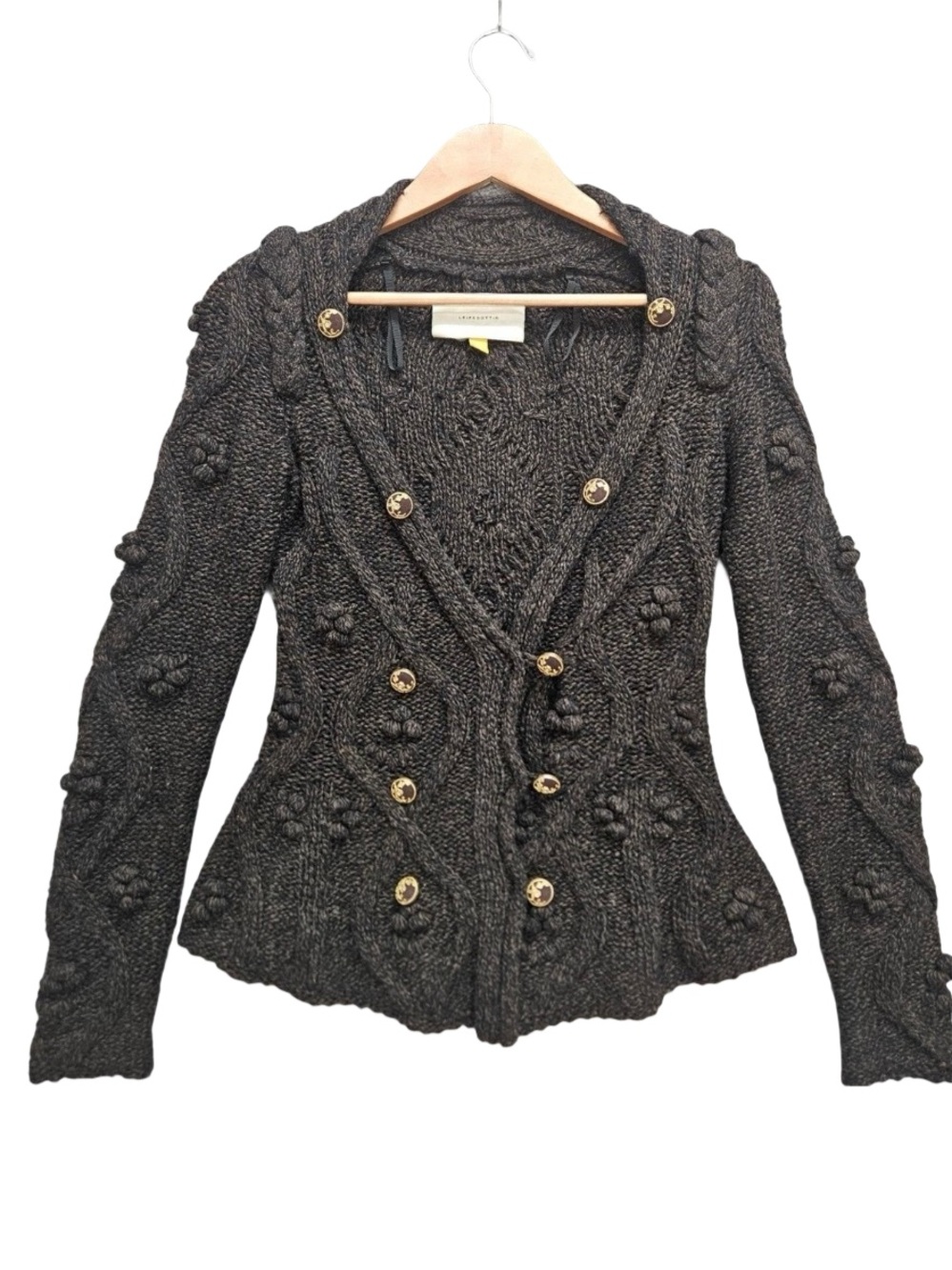 Leifsdottir Anthropologie BrownWool Tweed Cable-Knit Double-Breasted Cardigan